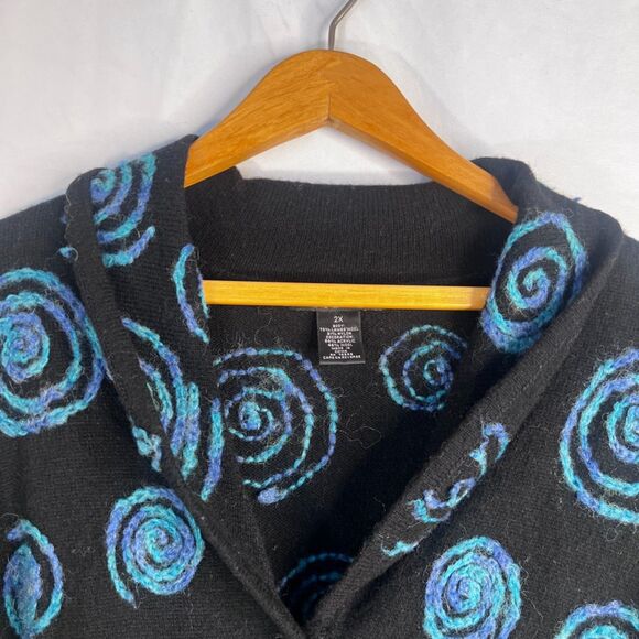Sarah Spencer Lambswool Knit Swirl Artsy Cardigan Sweater Black Blue Size 2X - Picture 3 of 9